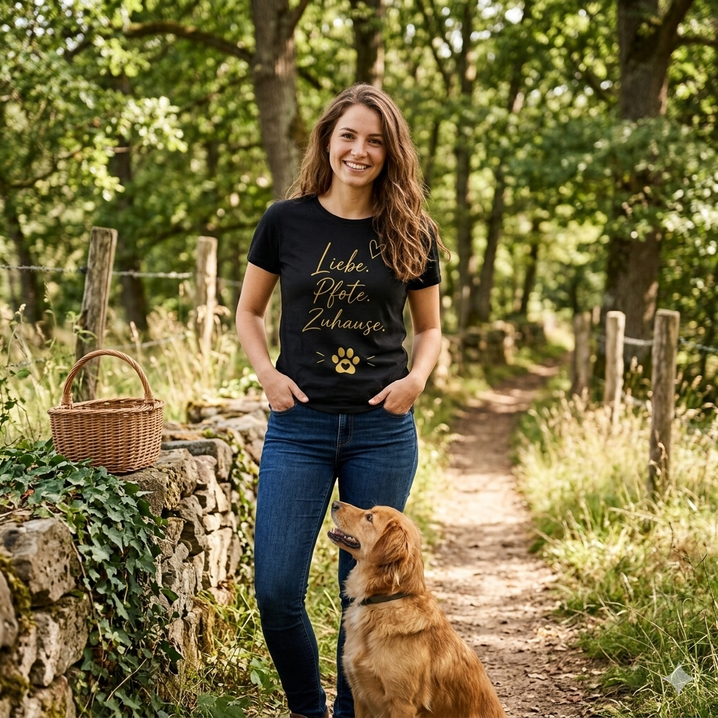 Liebe. Pfote. Zuhause. – Damen T‑Shirt in edlem Goldprint