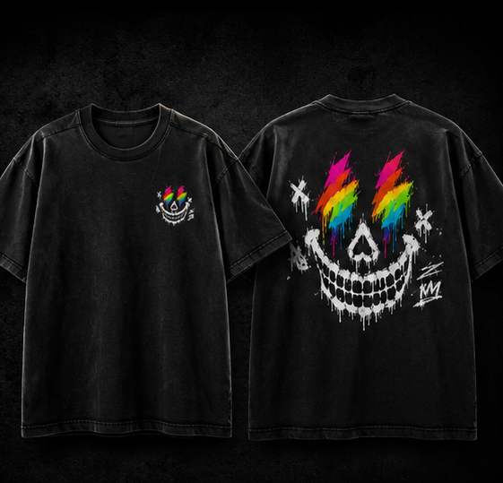 Broken Smiles – Lightning Skull | Oversized Faded T-Shirt