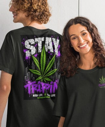 Nordschnack Stay Trippin’ Cannabis Shirt – Oversized Vintage Streetwear Tee (Washed Black)